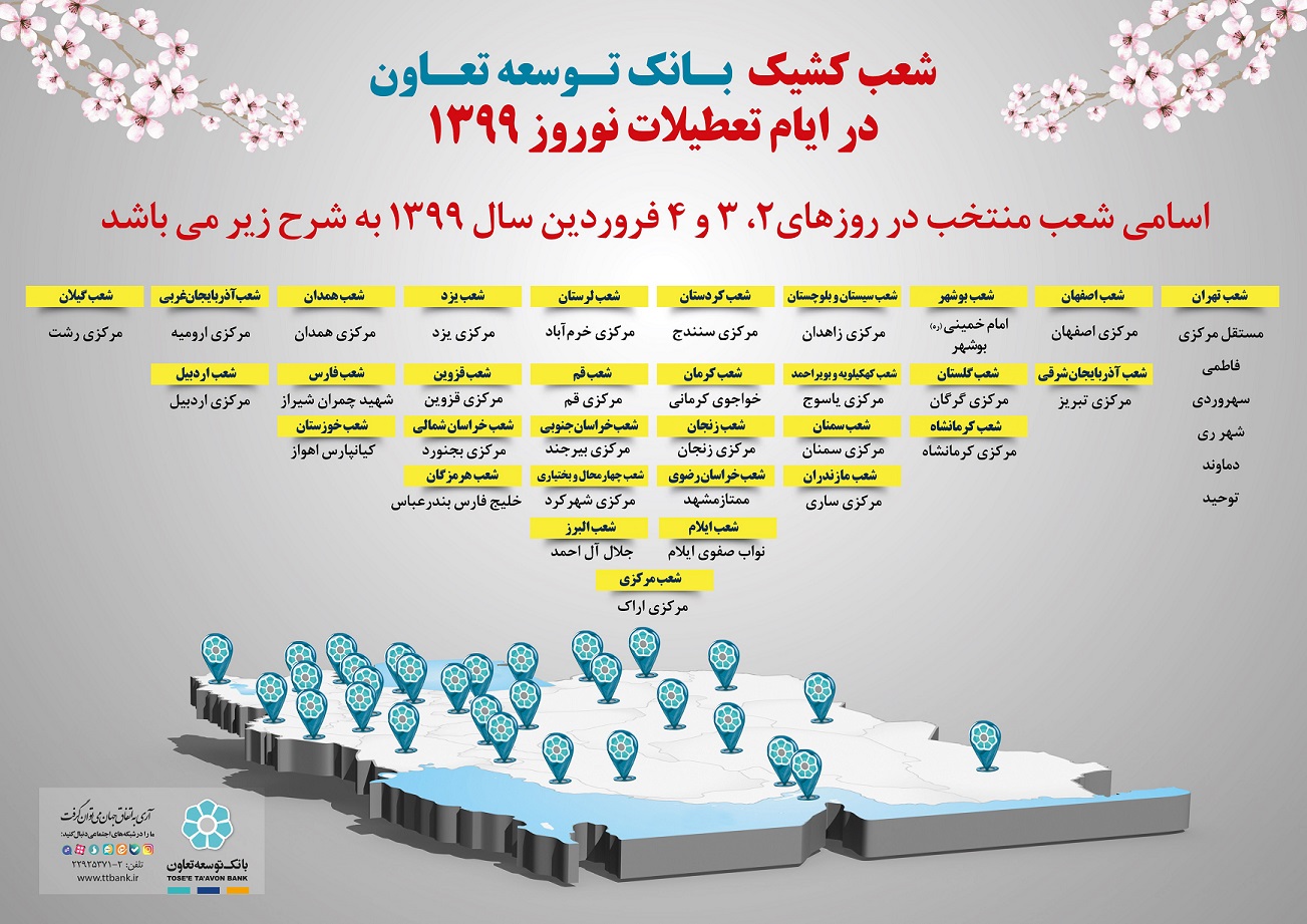 اعلام ساعت کار شعب کشیک بانک توسعه تعاون در تعطیلات نوروز 1399

